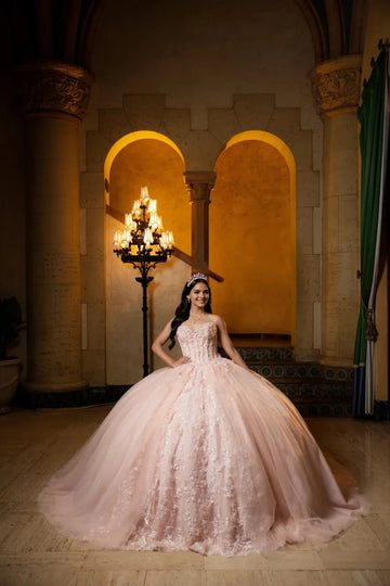 Vedress blush pink quinceanera ball gown sweetheart off the shoulder puff sleeves 3D floral appliques sparkly tulle ball skirt front view