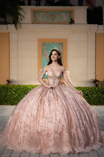 Vedress blush pink quinceanera ball gown sweetheart off the shoulder with tulle bow straps glitter lace tulle ball skirt front view