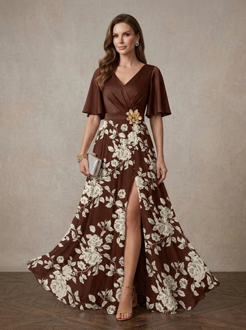 Vedress brown white floral satin chiffon v-neck a-line wedding guest gown front view