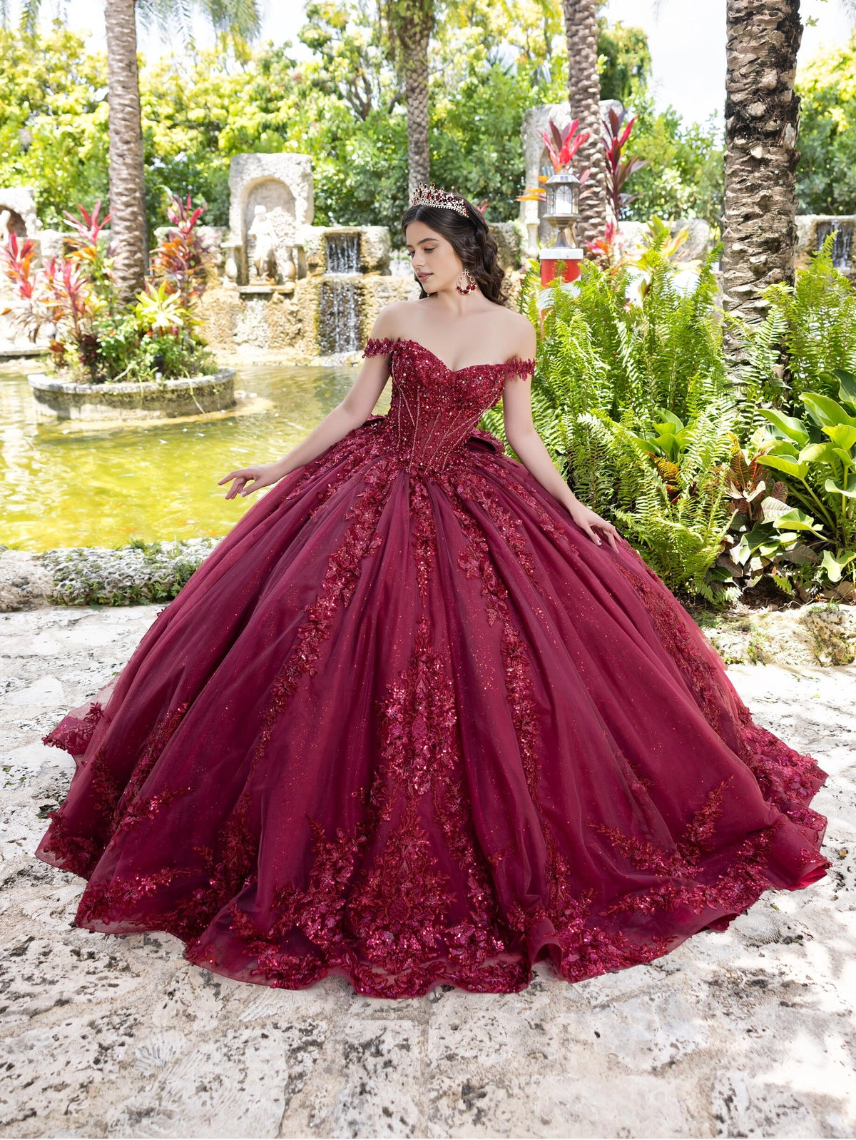 Vedress luxurious burgundy off‑shoulder quinceanera ball gown 3D floral sequin applique glitter tulle prom dress front view
