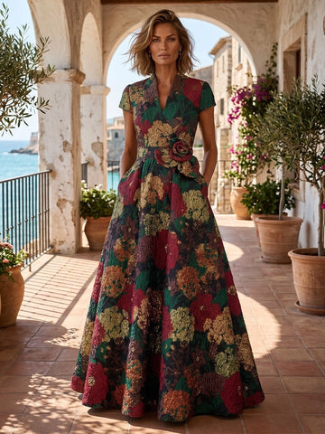 Vedress burgundy floral jacquard v-neck a-line mother of bride gown with pocket front view