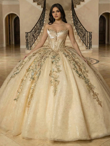 Vedress champagne quinceanera ball gown strapless sweetheart satin folded neckline gold green floral embroidery glitter tulle front view