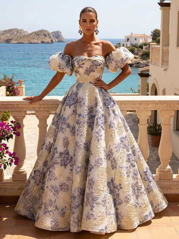 Vedress cream lavender floral jacquard off shoulder puff sleeve wedding guest gown front view
