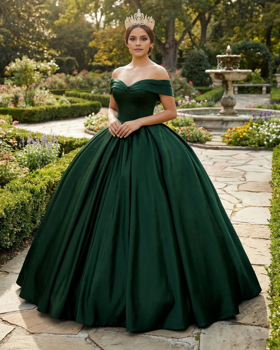 Vedress dark green satin off the shoulder quinceañera ball gown with voluminous skirt front view
