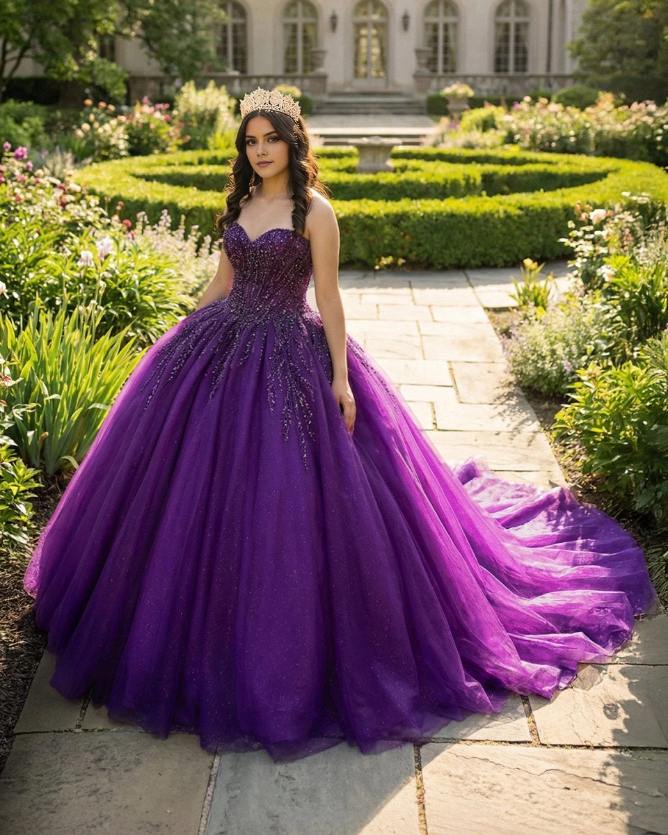 Vedress deep purple glitter tulle quinceañera dress front view, strapless sweetheart ball gown with heavy hand beaded corset bodice