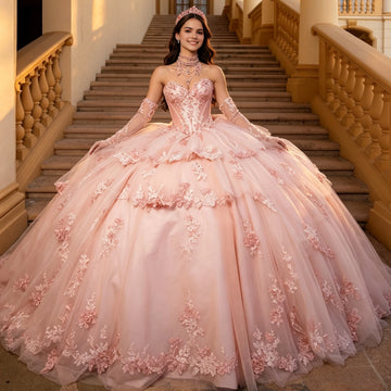 Vedress elegant dusty pink strapless ball gown quinceanera prom dress front view with 3D floral appliques and matching long lace gloves