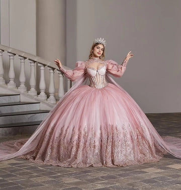 Front view Vedress dusty pink quinceañera dress long puff sleeve ball gown with glitter hem and detachable tulle cape