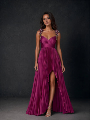 Vedress dusty plum sweetheart prom dress with floral shoulder straps and pleated skirt front view
