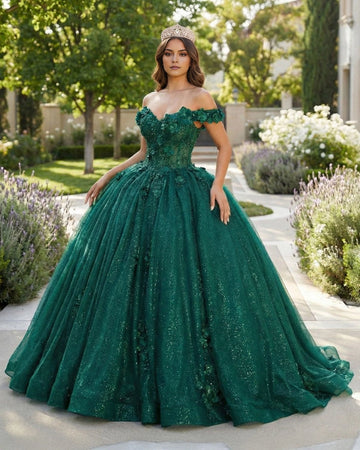Vedress emerald green glitter tulle quinceañera dress front view, off shoulder sweetheart ball gown with 3D floral appliques and short ruffle sleeves