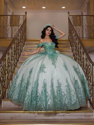 Vedress emerald green off shoulder quinceanera ball gown sweetheart ruched neckline glitter lace tulle with large satin bow prom dress front view