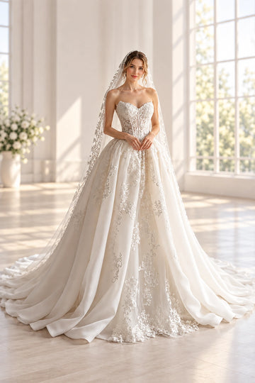 Front view of floral A-line tulle wedding dress with sweetheart neckline and strapless bodice