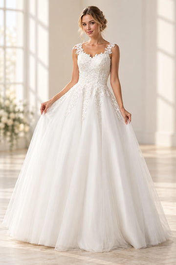 Front view of floral A-line tulle wedding dress with sweetheart neckline and full skirt