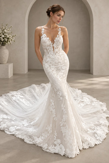 Front view of floral mermaid lace wedding dress with V-neckline and spaghetti straps