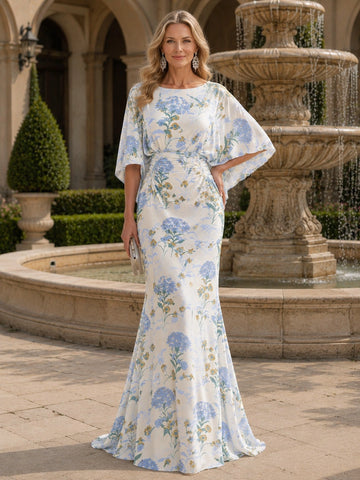 Vedress floral print chiffon mermaid boat neck flutter sleeve wedding guest gown front view