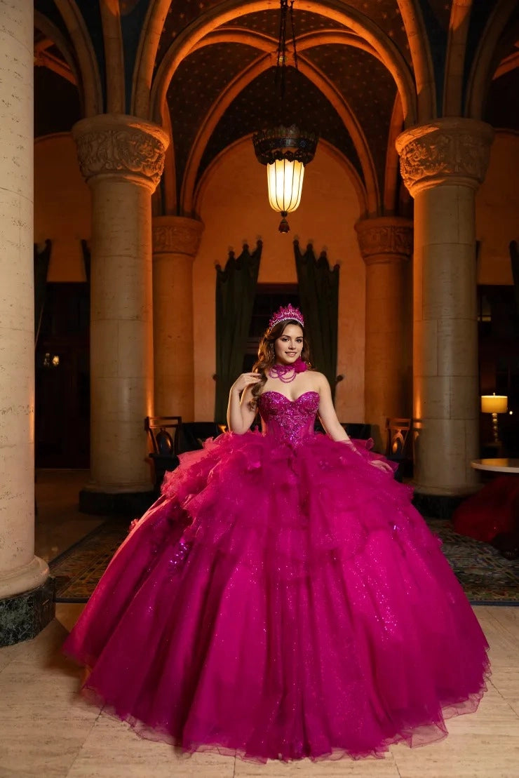 Vedress fuchsia strapless quinceanera ball gown sweetheart neckline sequin embroidered ruffled glitter tulle with large back bow prom dress front view
