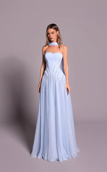 Vedress icy blue A-line sweetheart strapless floor-length prom dress front view