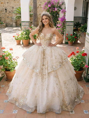 Vedress ivory quinceanera ball gown strapless sweetheart bodice gold sequin floral embroidery tiered ruffle glitter tulle front view