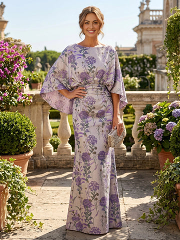 Vedress lavender floral jacquard boat neck cape sleeve midi mother of the bride dress front view