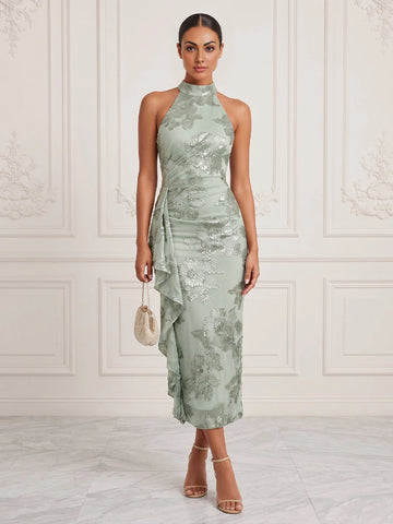 Vedress sage green floral jacquard sequin halter sleeveless midi wedding guest dress front view with side ruffle