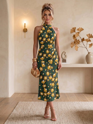 Vedress dark green yellow daisy jacquard halter sheath midi wedding guest dress front view