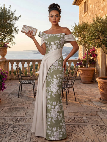 Vedress sage green white floral jacquard off shoulder mermaid maxi wedding guest dress front view with long ivory waist sash