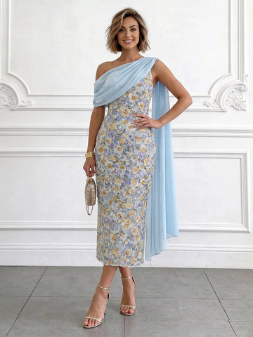 Vedress blue floral jacquard one shoulder sheath midi wedding guest dress front view with chiffon drape