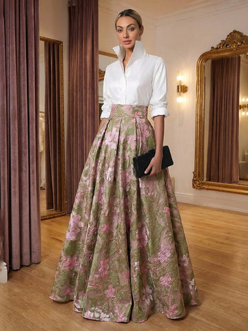 Vedress pink green floral jacquard stand collar 3/4 sleeve two piece floor length mother of the bride dress front view