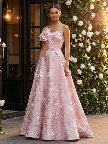 Vedress blush pink jacquard strapless bow A-line maxi wedding guest dress front view with embossed white floral pattern