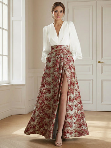 Vedress red floral jacquard V neck puff sleeve A-line floor length wedding guest dress front view with front slit and pockets