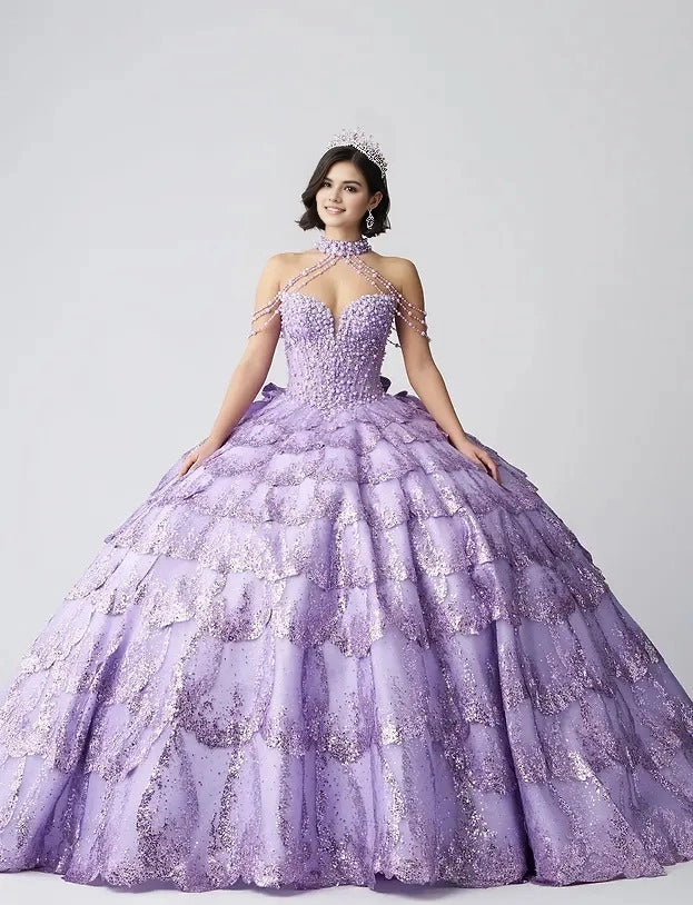 Vedress lavender halter quinceanera ball gown sweetheart neckline beaded chain straps glitter petal layered tulle voluminous prom dress front view