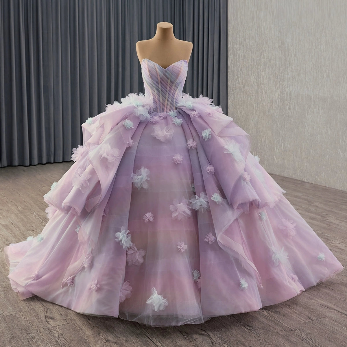 Vedress dreamy lavender pink gradient strapless ball gown quinceanera prom dress front view with handmade 3D flowers ruffled tulle