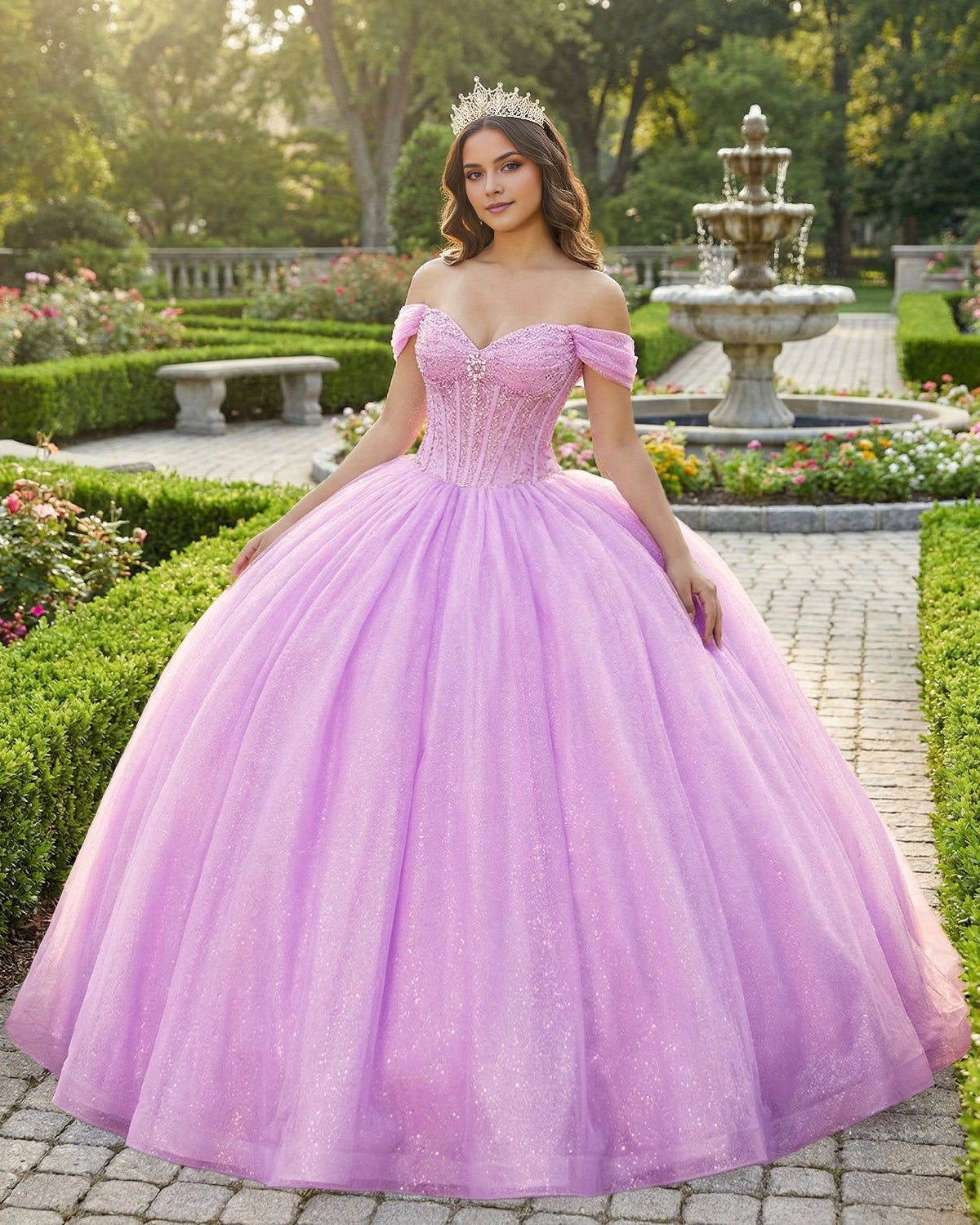 Vedress lavender glitter tulle quinceañera dress front view, off shoulder sweetheart ball gown with beaded corset bodice