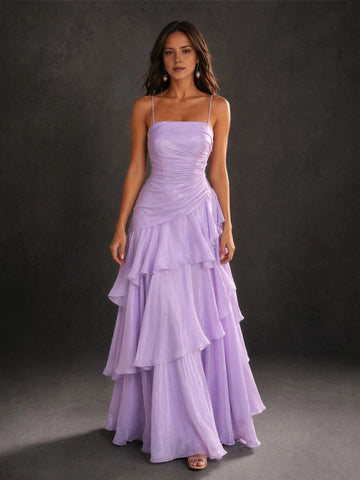 Lavender ruched A-line Wedding Guest Dress with spaghetti straps and layered ruffle skirt front view