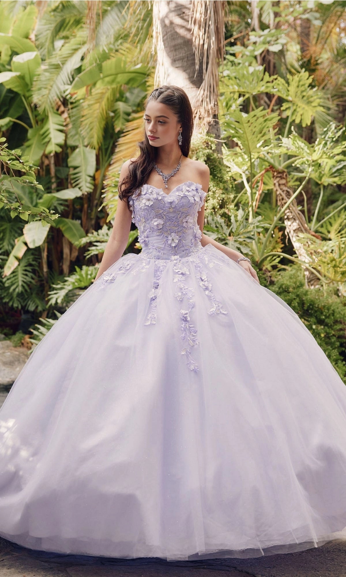 Vedress stunning lavender sweetheart quinceanera ball gown with detachable tulle cape, 3D floral applique glitter tulle floor length prom dress front view