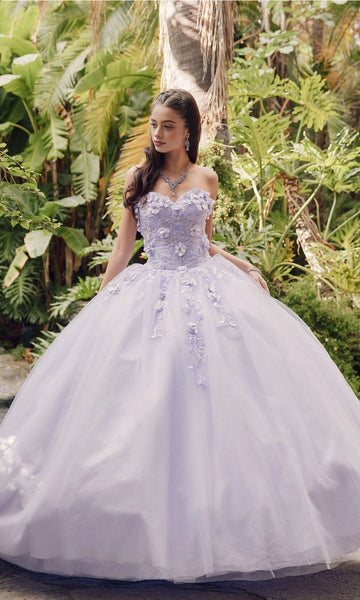 Vedress stunning lavender sweetheart quinceanera ball gown with detachable tulle cape, 3D floral applique glitter tulle floor length prom dress front view