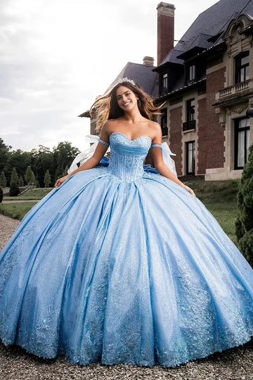 Vedress light blue glitter ball gown quinceañera dress sweetheart off shoulder strap bow lace applique front view
