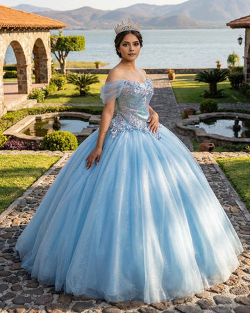 Vedress light blue off shoulder quinceañera dress front view 3D floral applique glitter tulle ball gown