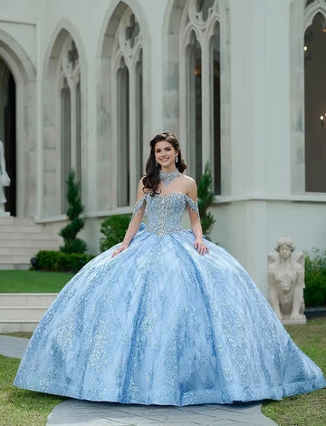 Front view Vedress light blue sparkle quinceañera dress off shoulder sweetheart ball gown with beaded bodice