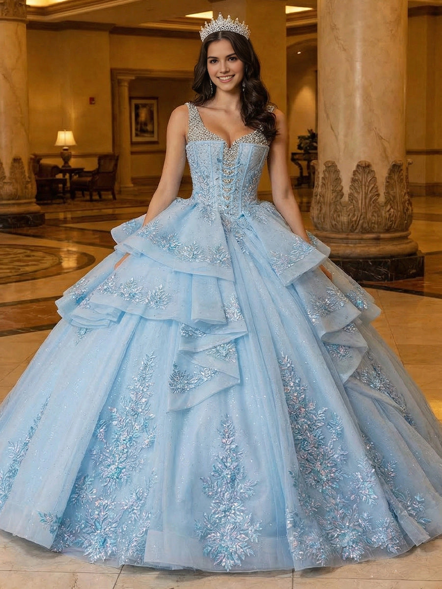 Vedress light blue quinceanera ball gown sweetheart beaded straps tiered ruffle skirt 3D floral appliques glitter tulle front view
