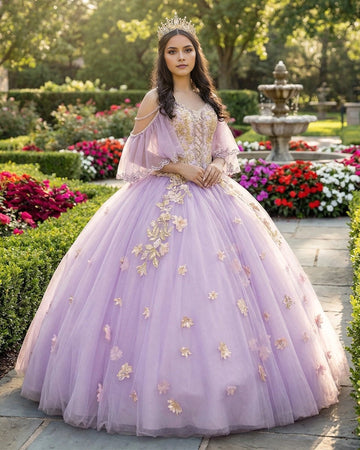 Vedress lilac quinceañera dress, cold shoulder puff sleeve ball gown with gold 3D floral appliques and voluminous tulle skirt