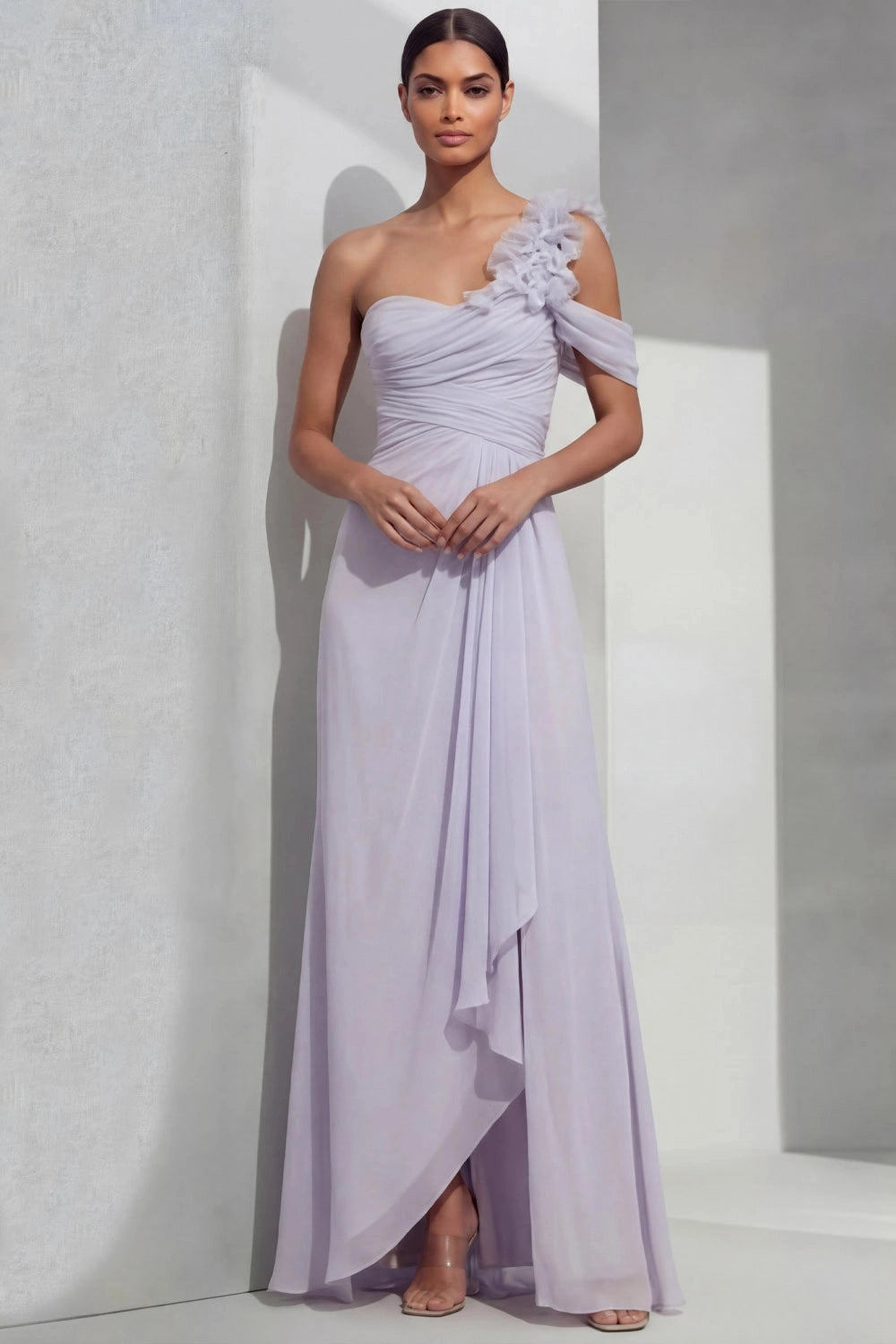 Vedress lilac chiffon one shoulder floral ruffle v neck high slit mermaid maxi bridesmaid gown front view