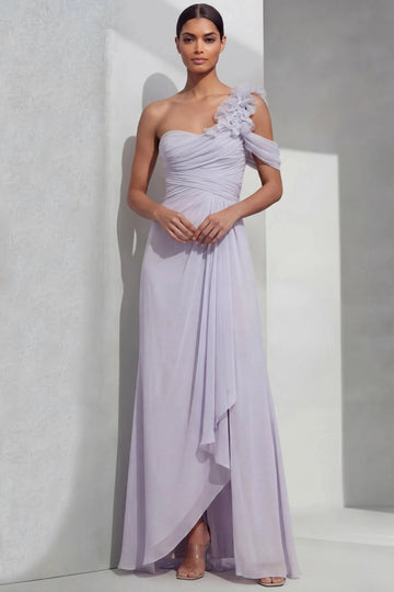 Vedress lilac chiffon one shoulder floral ruffle v neck high slit mermaid maxi bridesmaid gown front view