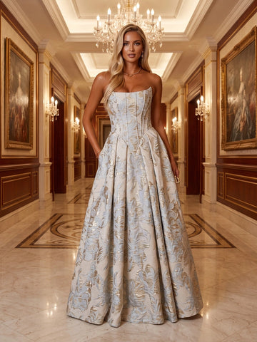 Vedress luxury ivory blue gold jacquard strapless corset ballgown floor length mother of bride gown front view