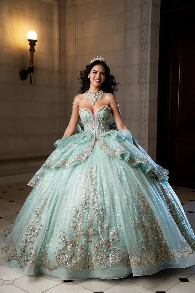 Front view Vedress mint green quinceañera dress strapless sweetheart ball gown with gold lace appliques and glitter tulle