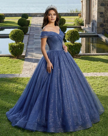 Vedress navy blue off shoulder quinceañera dress front view glitter tulle ball gown