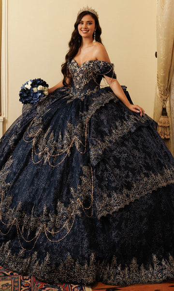 Vedress regal navy gold off‑shoulder quinceanera ball gown chain sleeve rhinestone bodice prom dress front view