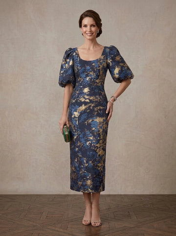 Vedress navy gold metallic jacquard square neck puff sleeve midi wedding guest gown front view