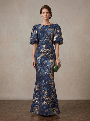 Vedress navy blue gold metallic print round neck puff sleeve mermaid mother of bride gown front view floor length