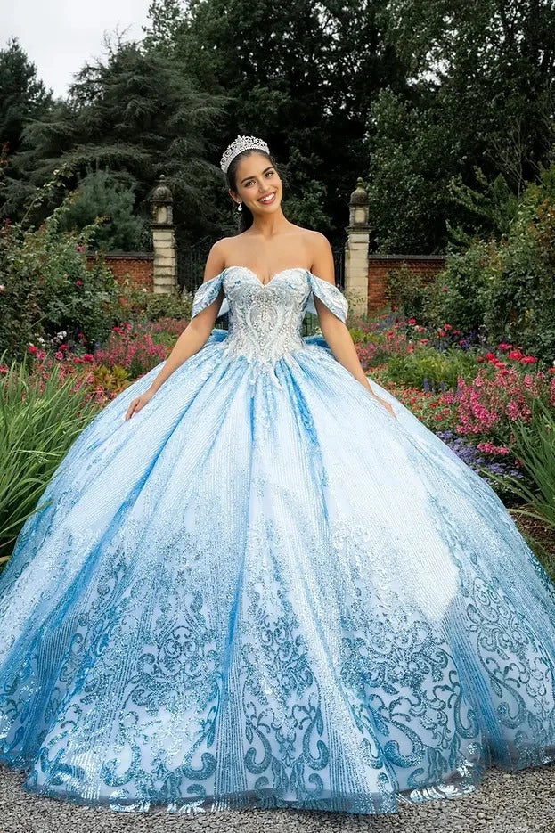 Front view Vedress ombre light blue quinceañera dress off shoulder sweetheart ball gown with shimmer glitter pattern and beaded bodice