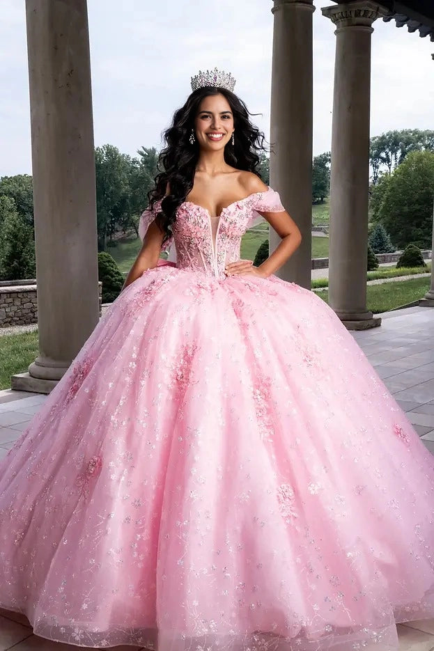 Vedress pink 3D floral ball gown quinceañera dress sweetheart off shoulder lace applique bodice front view